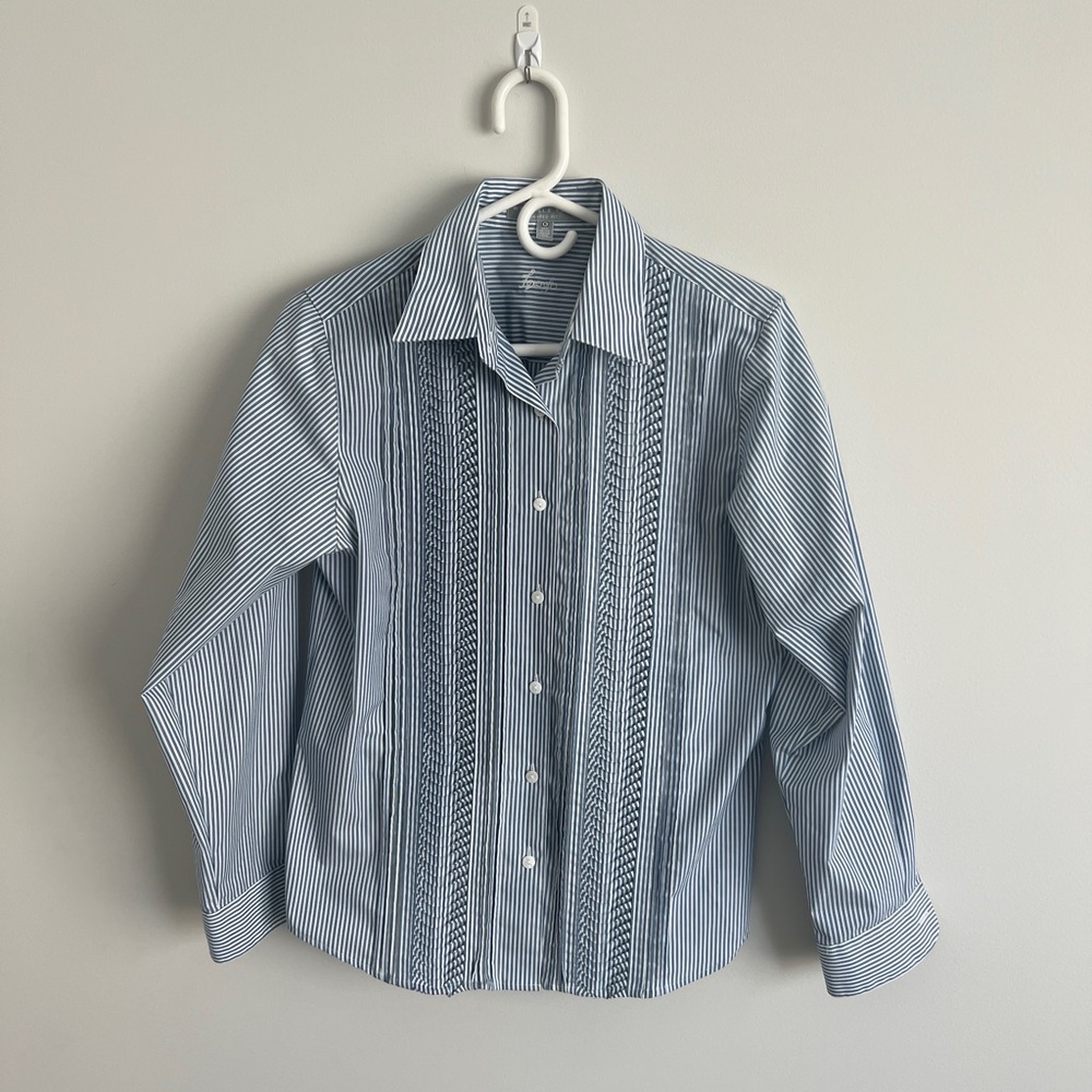 Woman’s Foxcroft Blue Striped Wrinkle Free Embellished Long Sleeve Button Down